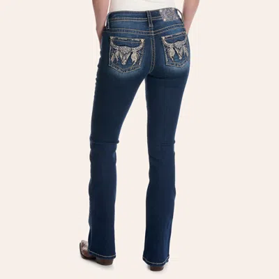Miss Me Women's Dark Wash Crystal Steer Skull Long Bootcut Jeans In Blue