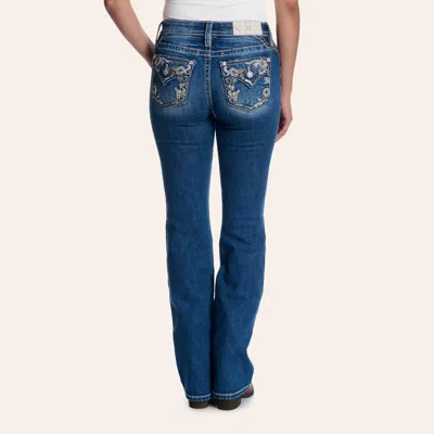 Miss Me Women's Dark Wash Floral Longhorn Embellished 34" Bootcut Jeans In Dark Stonewash