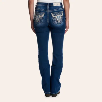 Miss Me Women's Dark Wash Longhorn Pocket 34" Bootcut Jeans In Blue