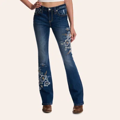 Miss Me Women's Dark Wash Mid Rise Floral Embroidered Bootcut 32" Jeans In Blue