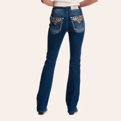 Miss Me Women's Dark Wash Mid Rise Floral Embroidered Flap Pocket Bootcut 32" Jeans In Blue