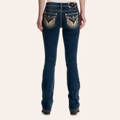Miss Me Women's Dark Wash Wings Flap Pocket Embellished Bootcut 32" Jeans In Blue