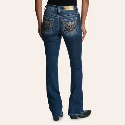 Miss Me Women's Garnet Dark Wash Faux Flap Cross Stitched Pocket Long Bootcut Jeans In Blue