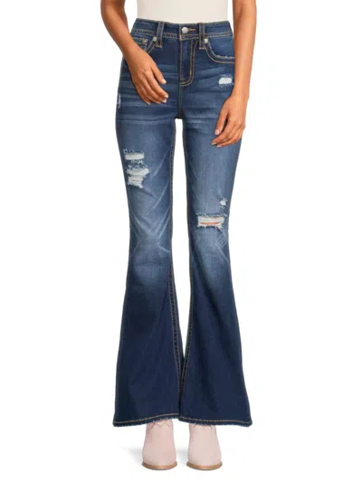 Miss Me Women's High Rise Distressed Flare Jeans In Dark Blue