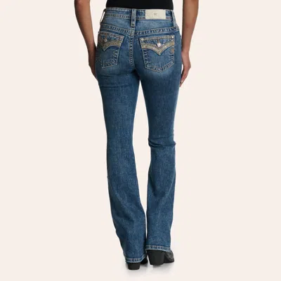 Miss Me Women's Medium Wash Beaded Flap Pocket Bootcut 34" Jeans In Blue