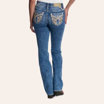 Miss Me Women's Medium Wash Embellished Wing Flap Pocket Bootcut 30" Jeans In Stonewash Blue