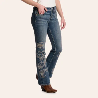 Miss Me Women's Medium Wash Floral Leg Bootcut 32" Jeans In Blue