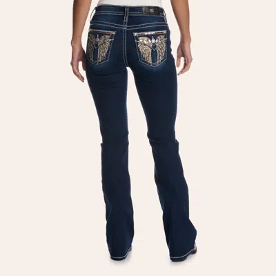 Miss Me Women's Medium Wash Gold Wing Embroidered Bootcut 32" Jeans In Blue