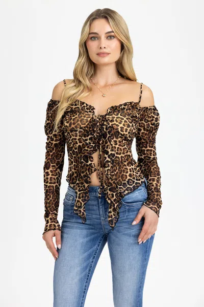 Miss Me Yuki Leopard Ruffle Top - L / Camel Brown