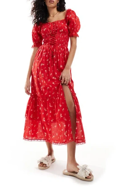 Miss Selfridge Corset Detail Tiered Maxi Dress In Red Rose Print