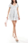 Miss Selfridge Satin Lace Up Back Ruffle Hem Mini Dress In Floral Print-multi In White Multi