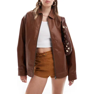 Miss Selfridge Oversize Faux Leather Bomber Jacket In Brown