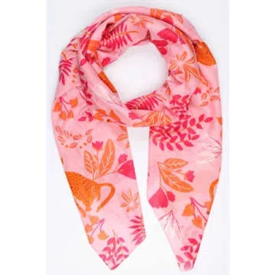 Miss Shorthair Cheetah & Leaf Print Cotton Scarf In Pink