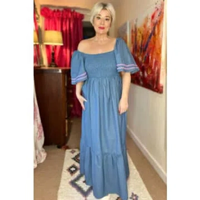 Miss Shorthair Ltd Denim Look Cotton Shirred Maxi Dress In Blue