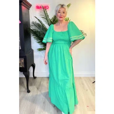 Miss Shorthair Ltd Green Cotton Shirred Maxi Dress