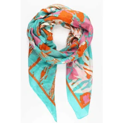 Miss Shorthair Ltd Miss Shorthair 3145tuo Abstract Leaf And Layered Animal Print Cotton Scarf In Turquoise In Red