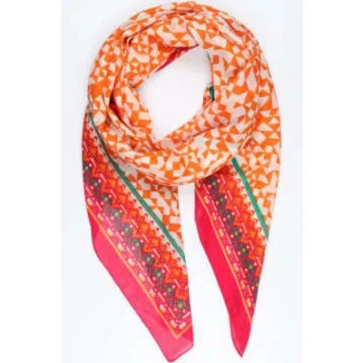 Miss Shorthair Ltd Miss Shorthair 3146of Cotton Mosaic Print Scarf With Patterned Border In Orange In Red