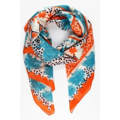 Miss Shorthair Ltd Miss Shorthair 3148blo Cotton Desert Camel And Palm Tree Print Scarf With Border In Blue In Red
