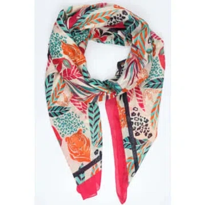 Miss Shorthair Ltd Miss Shorthair 3150hp Cotton Jungle And Tiger Head Print Scarf With Border In Hot Pink In Red