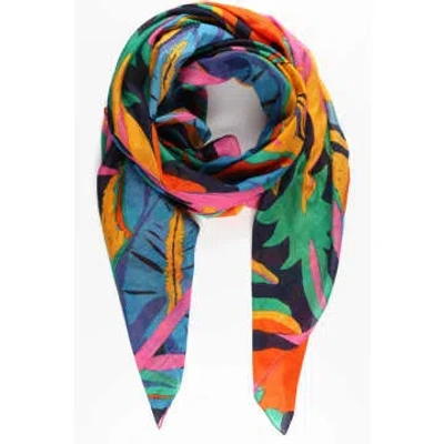 Miss Shorthair Ltd Miss Shorthair 3155nb Bold Cotton Tropical Leaf Print Scarf With Striped Edge In Navy Blue In Red