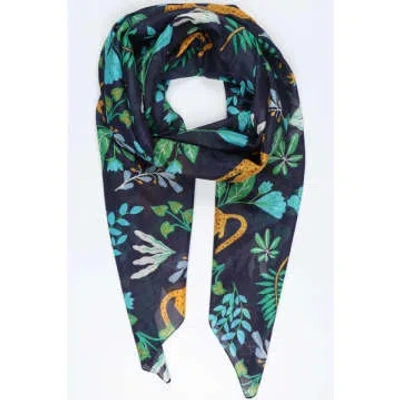 Miss Shorthair Ltd Miss Shorthair 3156nb Cotton Scarf In Cheetah And Tropical Leaf Print In Navy Blue In Red