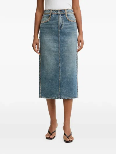 Miss Sixty Beaded-trim Denim Midi Skirt In Blue