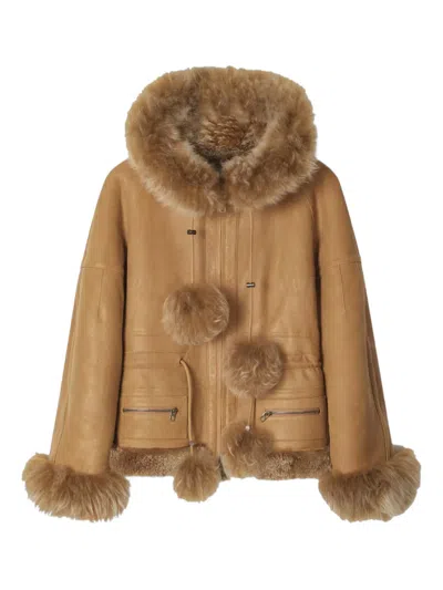 Miss Sixty Hooded Pom-pom Leather Jacket In Brown