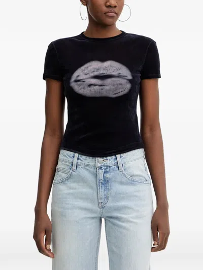 Miss Sixty Lip-print Flocked-texture T-shirt In Black