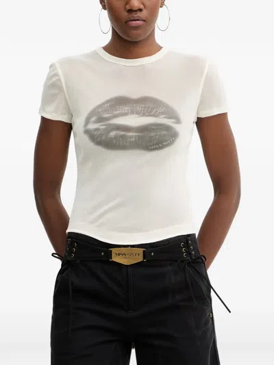 Miss Sixty Lip-print Flocked-texture T-shirt In Neutral