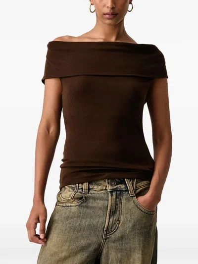 Miss Sixty Off-shoulder Hooded Top In Brown