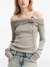 Miss Sixty Rose-embellished Off-shoulder Knit Top In Gray
