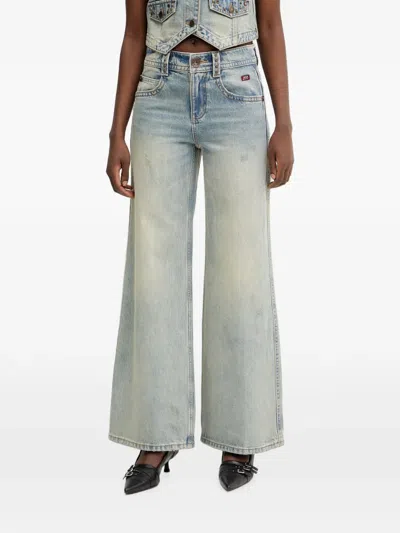 Miss Sixty Stud-embellished Embroidered Wide-leg Jeans In Blue
