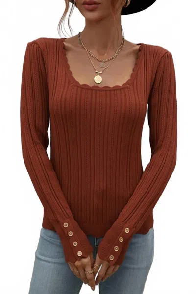 Miss Sparkling Analise Button Cuff Pointelle Knit Top In Rust In Brown