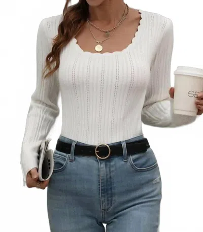 Miss Sparkling Analise Button Cuff Pointelle Knit Top In White