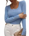 Miss Sparkling Brooke Long Sleeve Ribbed Top With Button Detail In Blue In Blue