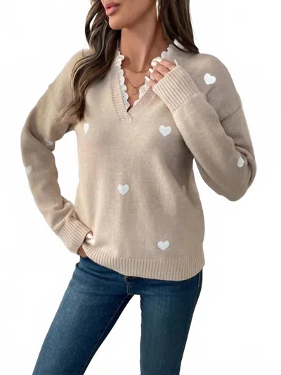 Miss Sparkling Heart Print Lace Trim Sweater In Light Khaki In Neutral