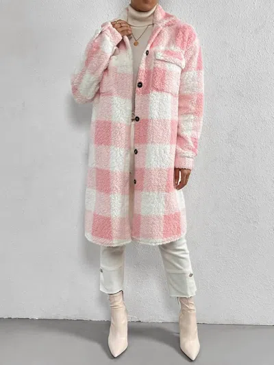 Miss Sparkling Katie Sherpa Plaid Midi Coat In Light Pink