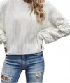 Miss Sparkling Lantern Sleeve Casual Sweater In White In White