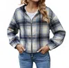 Miss Sparkling Plaid Print Zip Up Hooded Jacket In Navy In Blue