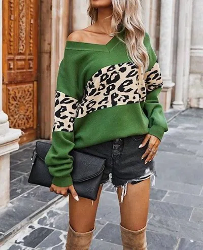 Miss Sparkling Simone Leopard Print Color Block Sweater In Green