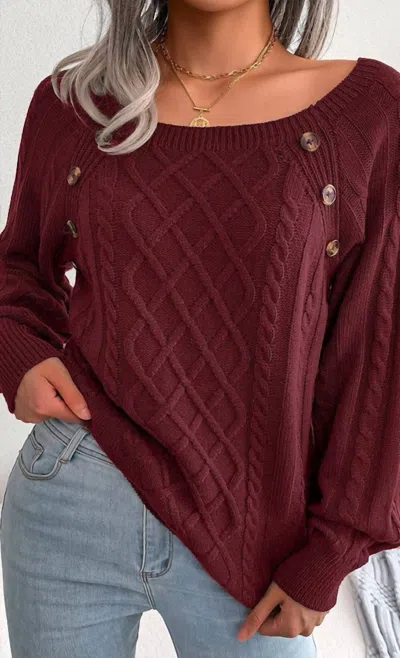 Miss Sparkling Square Neck W/buttons Sweater In Burgandy Red In Multi