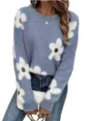 Miss Sparkling Women's Daisy Fuzzy Floral Print Sweater In Blue In Blue