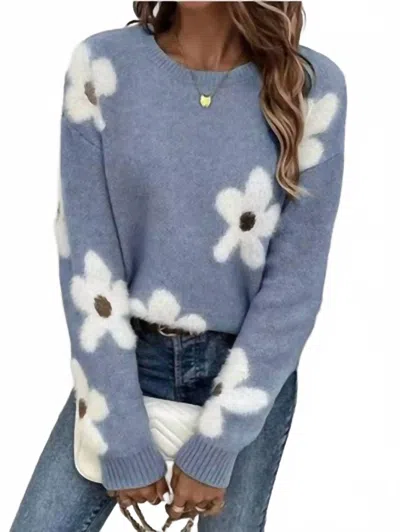 Miss Sparkling Women's Daisy Fuzzy Floral Print Sweater In Blue