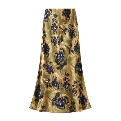 Miss Sparkling Women's Satin Floral Print Skirt In Mustard Yellow In Multi