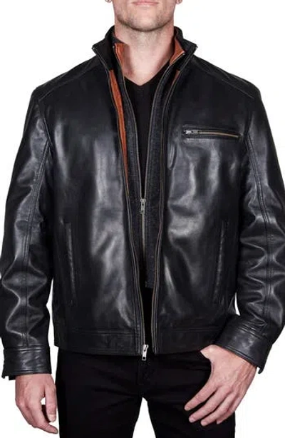 Missani Le Collezioni Leather Dickey Jacket In Black/cognac
