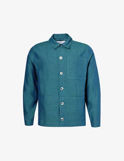 Missing Clothier Mens Cyan Patch-pocket Relaxed-fit Linen Jacket In Cyan