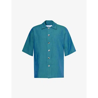 Missing Clothier Mens Cyan Welt-pocket Relaxed-fit Linen Shirt