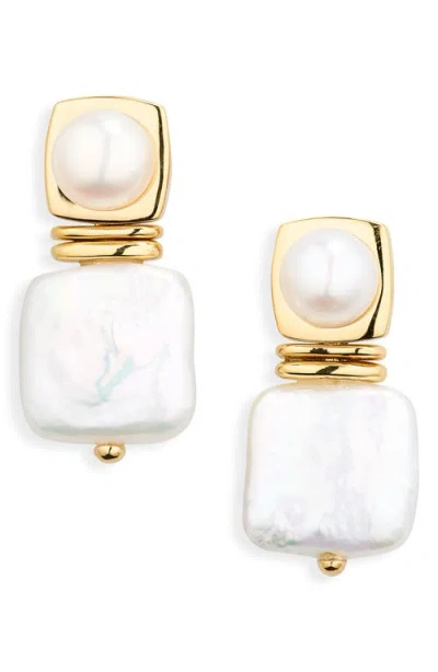 Missoma Square Freshwater Pearl Drop Earrings In Gold