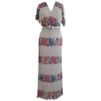 Pre-owned Missoni 1970s  Silver Lame And Floral Banded Rib-knit Maxi Dress