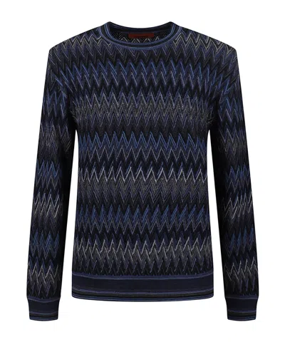 Missoni Crew Neck Sweater With 3d Zigzag Pattern In Blue